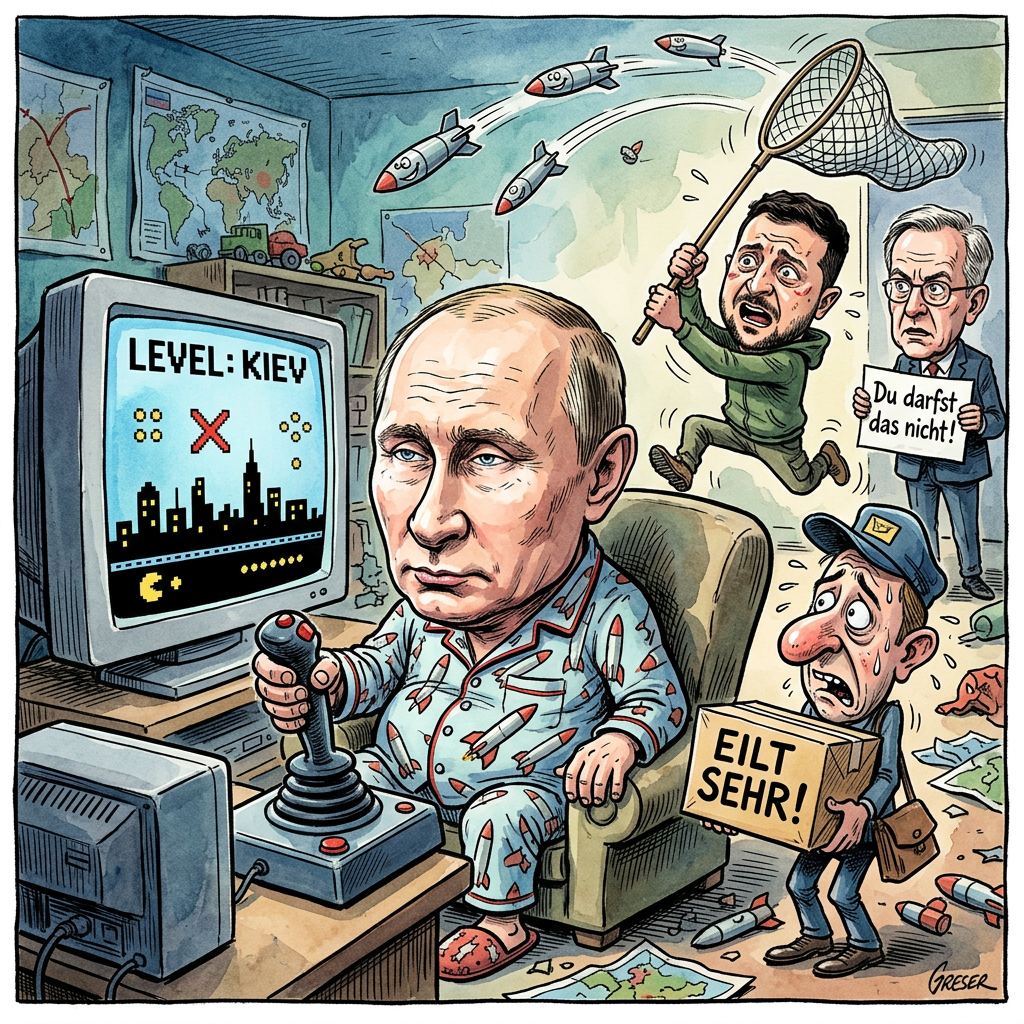 Russland hat in der letzten Nacht wieder viele Raketen und Drohnen auf die Hauptstadt Kiew gefeuert. Wladimir Putin scheint sein Hobby, die Nachbarn nachts mit lautem Knall zu wecken, einfach nicht aufgeben zu wollen. Während normale Menschen nachts Schafe zählen, zählt der Herr im Kreml wohl lieber Marschflugkörper auf dem Bildschirm. Es ist wie eine extrem schlechte Paketlieferung, die niemand bestellt hat und die leider immer durch das Dach kommt. Wolodymyr Selenskyj musste wieder einmal den Wecker gegen den Luftalarm tauschen, was die Laune in der Ukraine nicht gerade hebt. In Berlin schaut Außenminister Johann Wadephul derweil so streng in Richtung Osten, dass man meinen könnte, er wolle die Raketen allein durch seine Stirnfalten stoppen. Kanzler Friedrich Merz überlegt unterdessen wahrscheinlich schon, ob man die Flugabwehr nicht als Sonderausgabe von der Steuer absetzen kann. Der US-Präsident Donald Trump wird sicher bald behaupten, er hätte das alles mit einem einzigen Telefonat und einem Gutschein für einen Golfplatz geklärt. Bis dahin bleibt der Himmel über Kiew leider so hell erleuchtet wie ein Weihnachtsmarkt, nur dass die Geschenke hier niemand auspacken möchte. Man hofft nun darauf, dass Putin irgendwann die Lust am teuren Feuerwerk verliert oder ihm einfach die Batterien für seine Fernbedienung ausgehen.