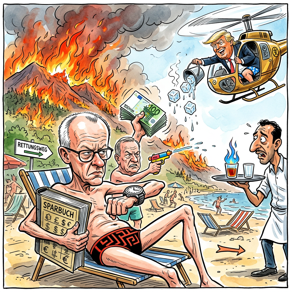 In Griechenland sind auf Kreta und am Peloponnes mehrere große Waldbrände ausgebrochen. Die Feuerwehr kämpft gegen die Flammen, während die Touristen am Strand nur noch ihre Pommes an der Hitze wärmen können. Bundeskanzler Friedrich Merz reagierte sofort und prüft nun, ob man das Feuer nicht einfach privatisieren kann. Wenn das Feuer Gewinn machen muss, geht es bestimmt von alleine aus. Außenminister Johann Wadephul empfiehlt den Griechen zudem, einfach weniger brennbare Bäume zu pflanzen. Vielleicht wären Kakteen aus Beton eine Lösung für den nächsten Sommer. In Athen hofft man derweil auf Regen, doch bisher kommen nur deutsche Urlauber mit Socken in Sandalen vorbei. Die Hitze ist so extrem, dass der Ouzo schon in der Flasche kocht. Trump hat bereits Hilfe aus den USA angeboten und will riesige Ventilatoren schicken, um den Rauch einfach nach Europa zu pusten. Die griechische Regierung überlegt nun, die Flammen als neue Heizung für den Winter nach Deutschland zu exportieren. So spart man sich die Gasrechnung und Merz hat endlich wieder gute Laune.