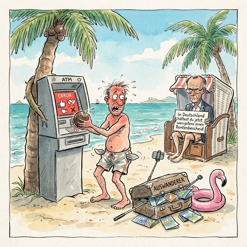 Immer mehr Deutsche wollen laut einer neuen Studie ins Ausland flüchten, weil Influencer in sozialen Medien das Leben unter Palmen als dauerhaften Urlaub ohne Arbeit verkaufen. Die Realität sieht oft anders aus, denn Miete und Brötchen kosten auch in der Karibik Geld. Viele Auswanderer merken erst am Strand von Mallorca, dass man von Sonnenuntergängen allein keine Krankenversicherung bezahlen kann. Wer glaubt, dass er nur mit einer Sonnenbrille und einem breiten Lächeln im Gepäck durchkommt, landet schneller wieder in der deutschen Schlage beim Arbeitsamt als er 'Aloha' sagen kann. Besonders beliebt ist das Auswandern bei Leuten, die denken, dass Steuern nur eine Erfindung von Friedrich Merz sind, um ihnen den Spaß zu verderben. Finanzexperten raten dringend dazu, vor der Flucht ins Paradies zumindest so viel Geld zu sparen, dass es für ein Rückflugticket reicht. Ein Influencer-Filter im Gesicht hilft leider wenig, wenn der Vermieter in Portugal echte Euro sehen will statt Herzchen-Klicks. Am Ende bleibt oft nur die Erkenntnis: Der Stress zieht mit um, er spricht im Ausland nur eine andere Sprache. Wer ohne Plan geht, findet im Ausland kein neues Glück, sondern nur neue Schulden bei schönerem Wetter. Die einzige Falle, die noch größer ist als die finanzielle, ist die Hoffnung, dass man dort keine deutsche Bürokratie trifft.