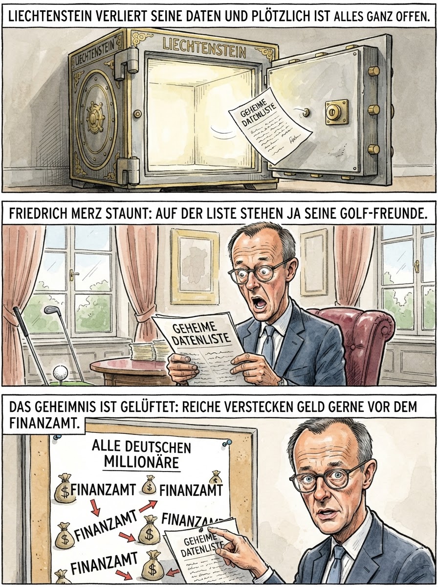 Ein riesiger Datendiebstahl erschüttert Liechtenstein, weil nun jeder weiß, dass die diskreten Millionäre im Steuerparadies tatsächlich existieren und dort heimlich ihre Geschäfte machen.