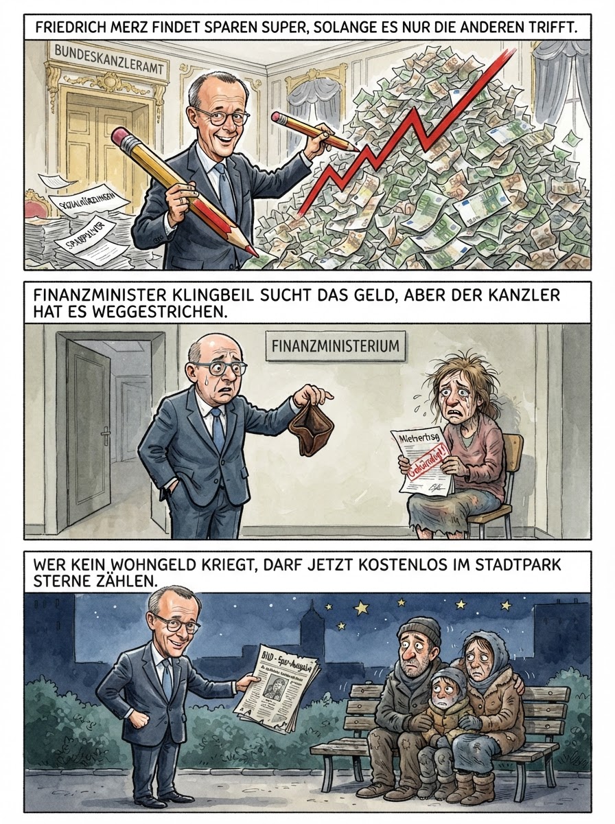 Kanzler Merz spart beim Wohngeld jeden Dritten einfach weg, damit arme Menschen endlich wieder die frische Luft und das Abenteuer Obdachlosigkeit genießen können.