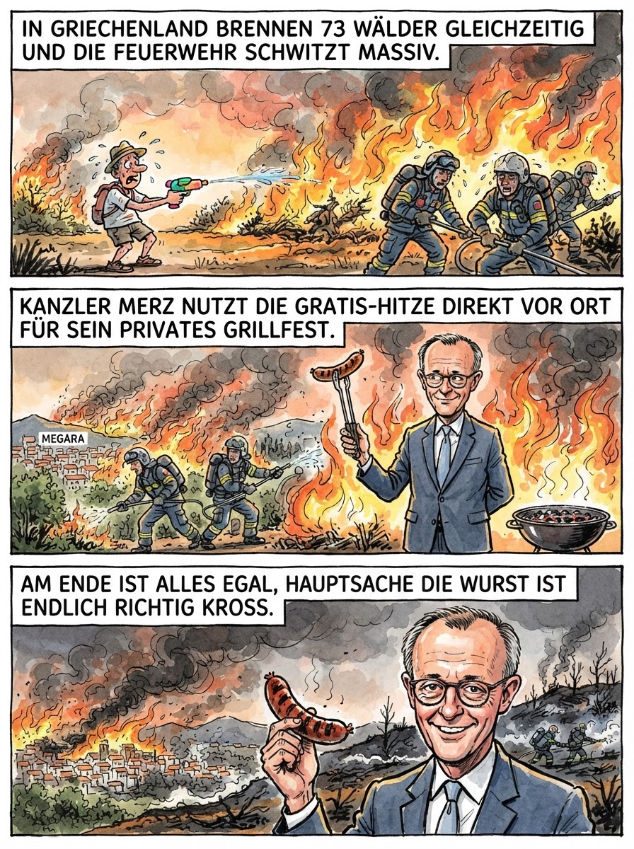 Während Feuerwehren in Griechenland gegen 73 Waldbrände kämpfen, freut sich Kanzler Friedrich Merz über die ersten komplett durchgegarten Touristen direkt am Strand von Megara.