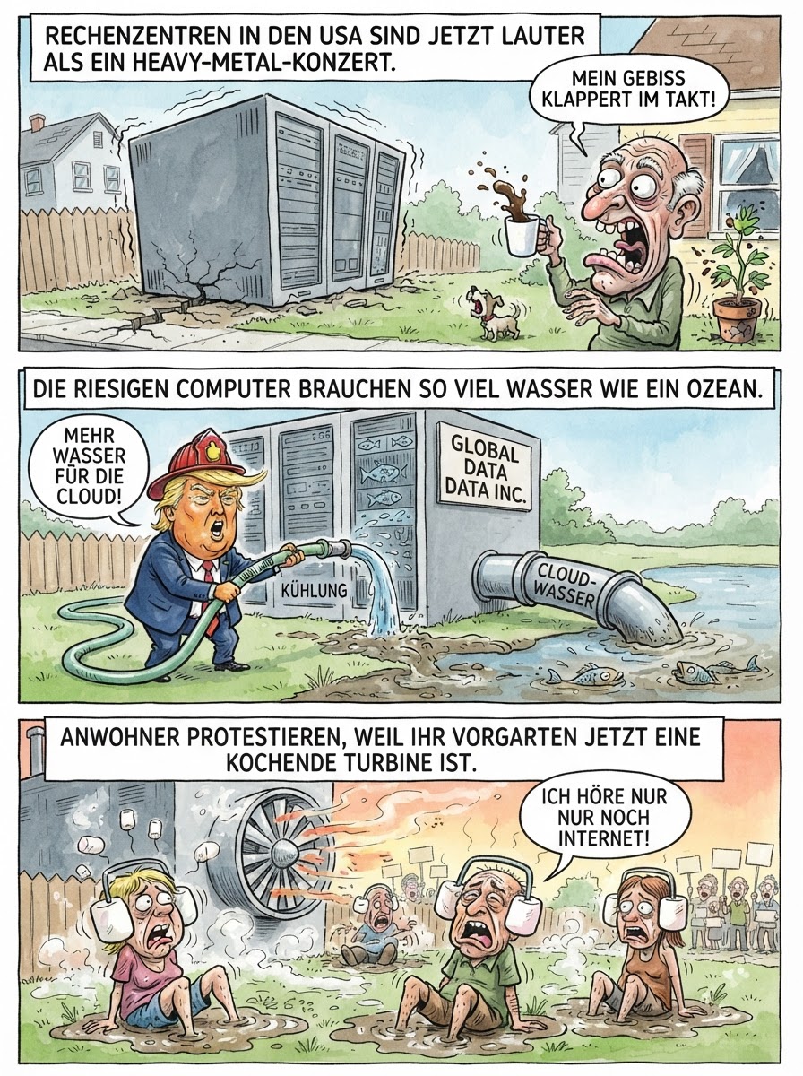 Wütende Amerikaner protestieren gegen riesige Rechenzentren, die lauter brüllen als Düsenjets und mehr Trinkwasser saufen als eine Herde durstiger Elefanten auf einer Sonnenbank.