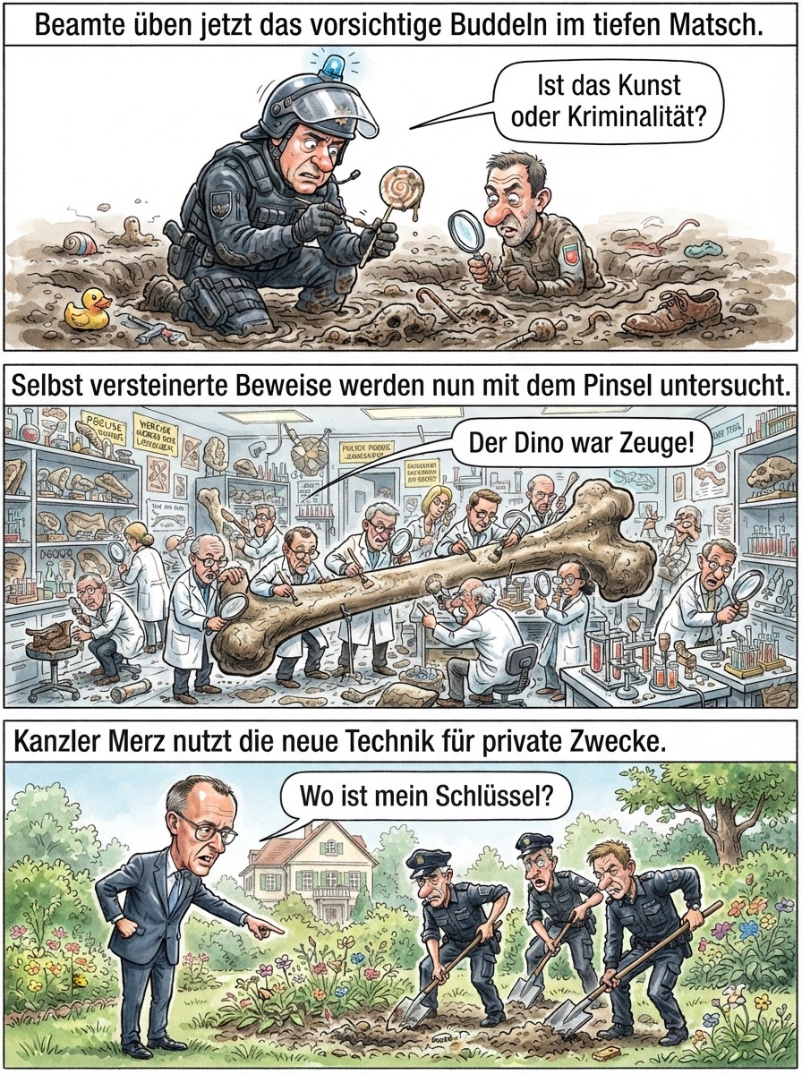 Polizisten lernen jetzt bei Archäologen, wie man mit Zahnbürsten und Pinseln im Dreck nach uralten Spuren wühlt, damit kein Dieb von 1980 ungestraft bleibt.