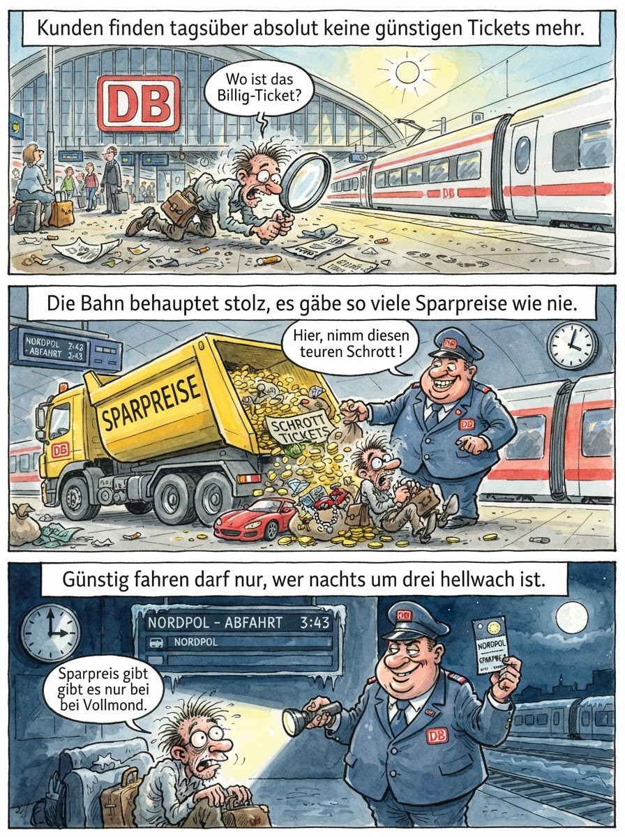 Verbraucherschützer meckern über fehlende Billig-Tickets, während die Deutsche Bahn felsenfest behauptet, dass ihr Angebot so riesig wie ein Ozean aus Kamillentee für aufgeregte Faultiere sei.