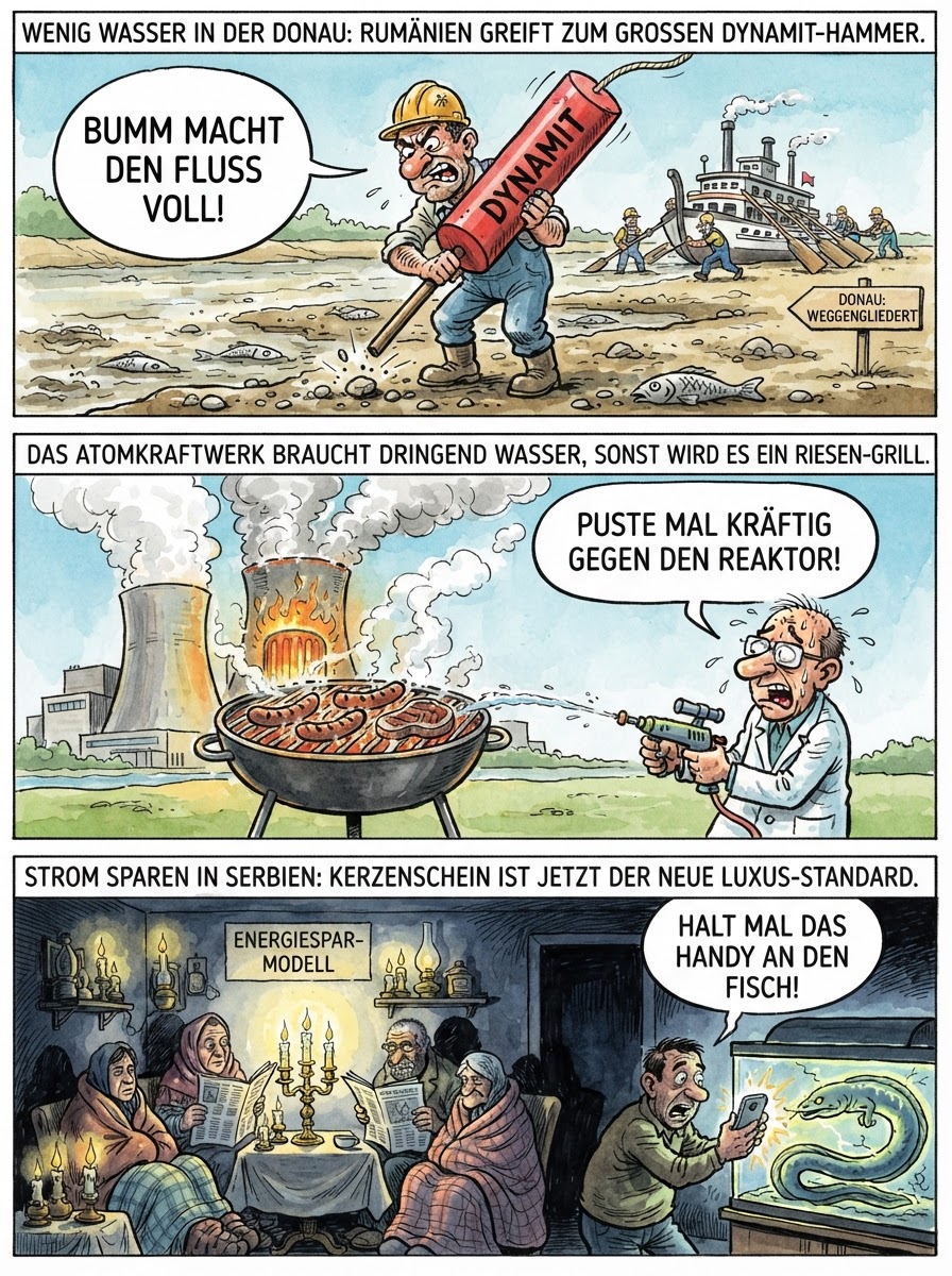 Weil das Donau-Wasser so niedrig wie ein Kinder-Planschbecken ist, sprengt Rumänien jetzt Felsen weg, damit das AKW Cernavoda nicht wie ein Toaster überhitzt.