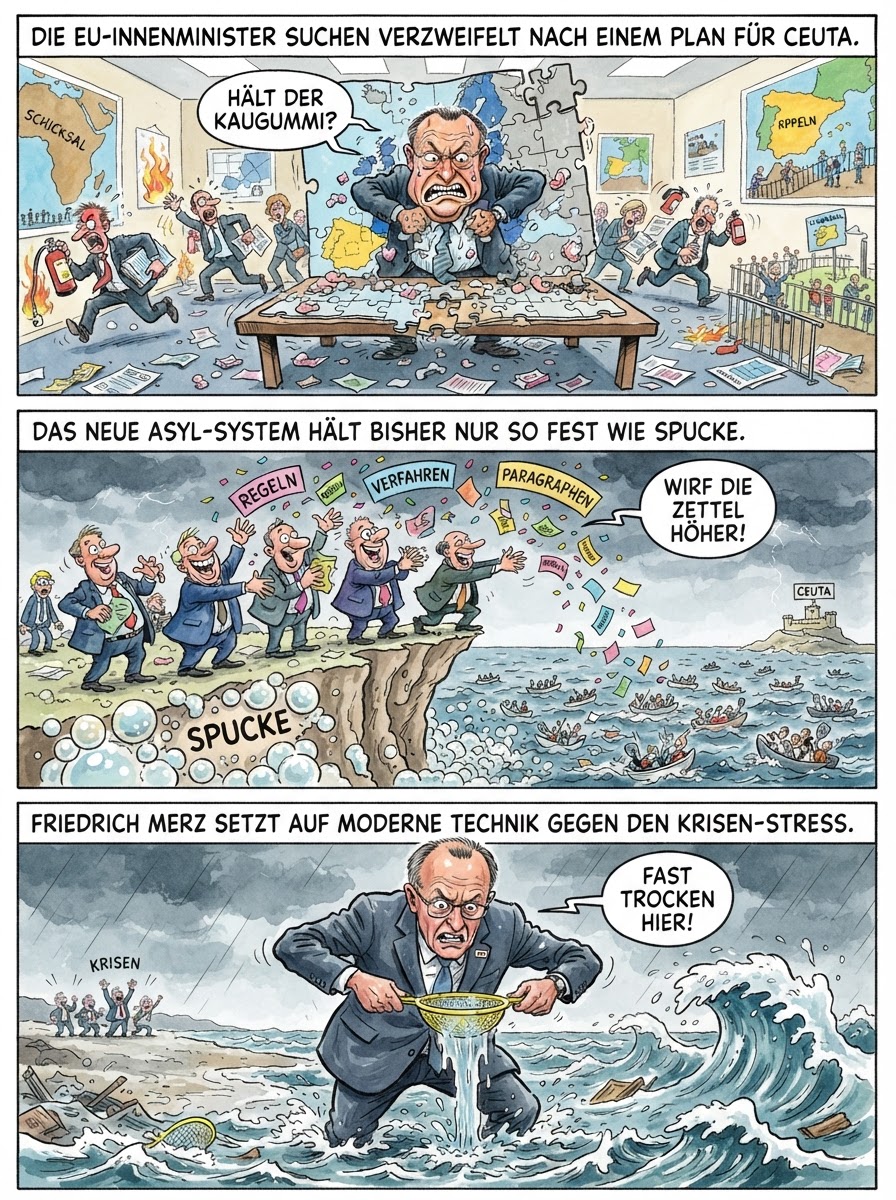 Weil das neue Asylsystem so gut funktioniert wie eine Schokohose in der Sauna, wollen die EU-Innenminister jetzt die Grenzen einfach mit doppelseitigem Klebeband und strengen Blicken abdichten.
