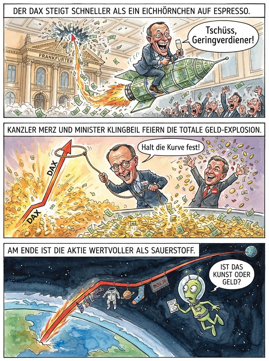Der DAX klettert so steil nach oben, dass Banker vor Freude ihre Goldzähne gegen den Mond spucken und Kanzler Merz die Schwerkraft per Gesetz verbieten will.