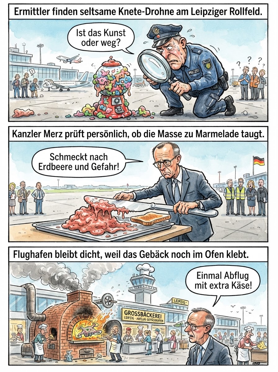 Ein mysteriöses Flugobjekt mit klebriger Füllung legte den Flughafen Leipzig lahm, als wäre die gesamte Landebahn plötzlich mit zähem Kaugummi bestrichen worden.