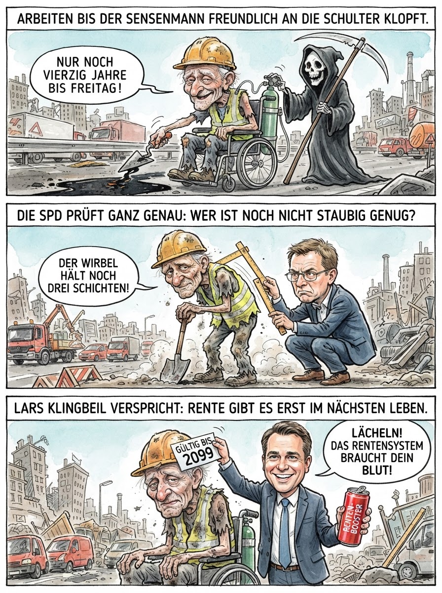 Wegen der Rente mit 63 streitet die SPD nun heftiger als Waschbären um eine weggeworfene Currywurst, während Politiker Wiese Straßenbauarbeiter erst nach 80 Jahren Teermischen befreien möchte.