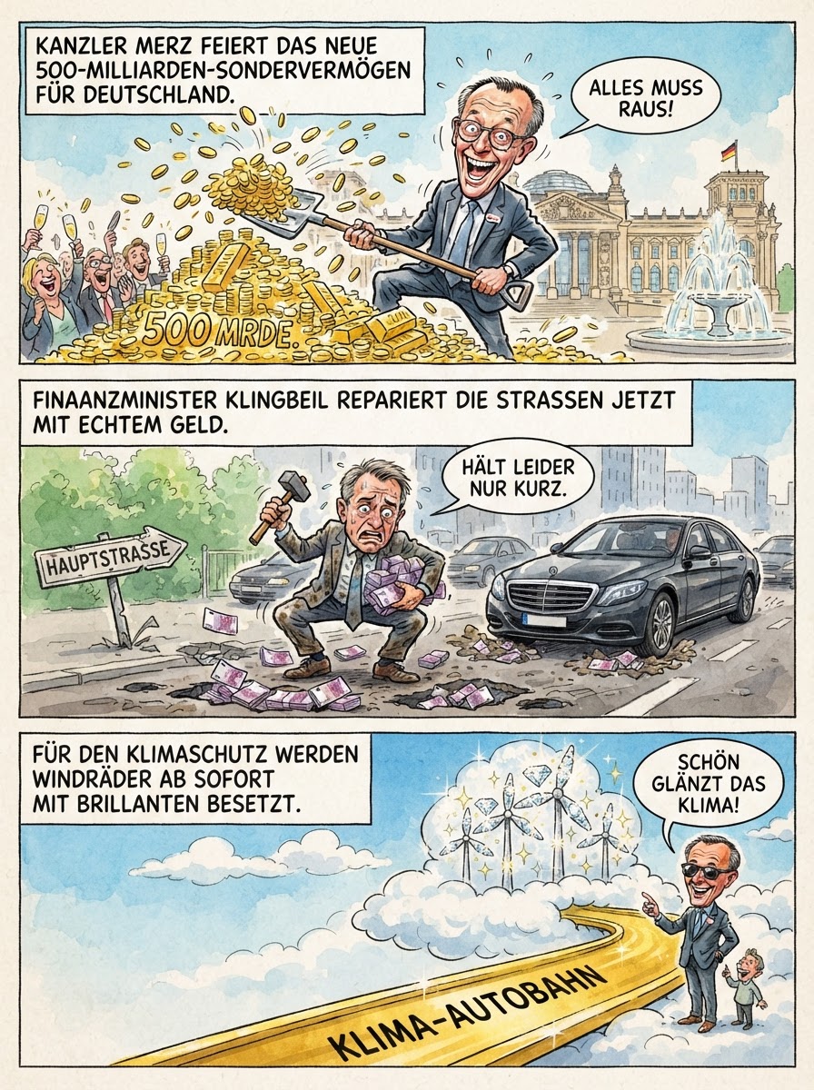 Kanzler Merz pumpt 500 Milliarden Euro Sonderschulden in Infrastruktur, damit Züge demnächst per Raketenantrieb fliegen und jeder Baum im Wald eine eigene Fußbodenheizung gegen den Klimawandel bekommt.
