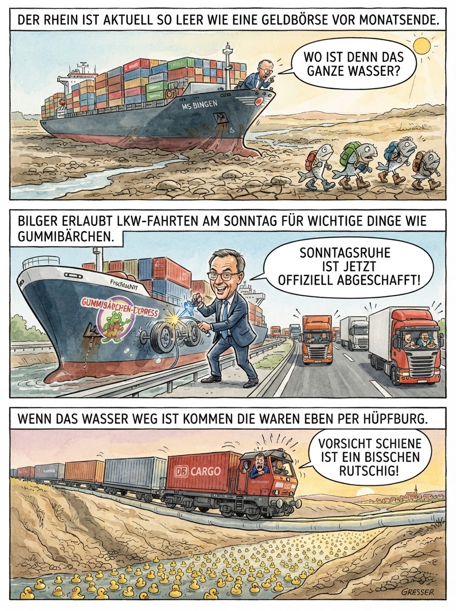 Weil der Rhein so trocken ist wie ein Toastbrot im Toaster, lässt Minister Bilger Lkw nun auch sonntags fahren und schickt Züge auf Schienen-Safari.
