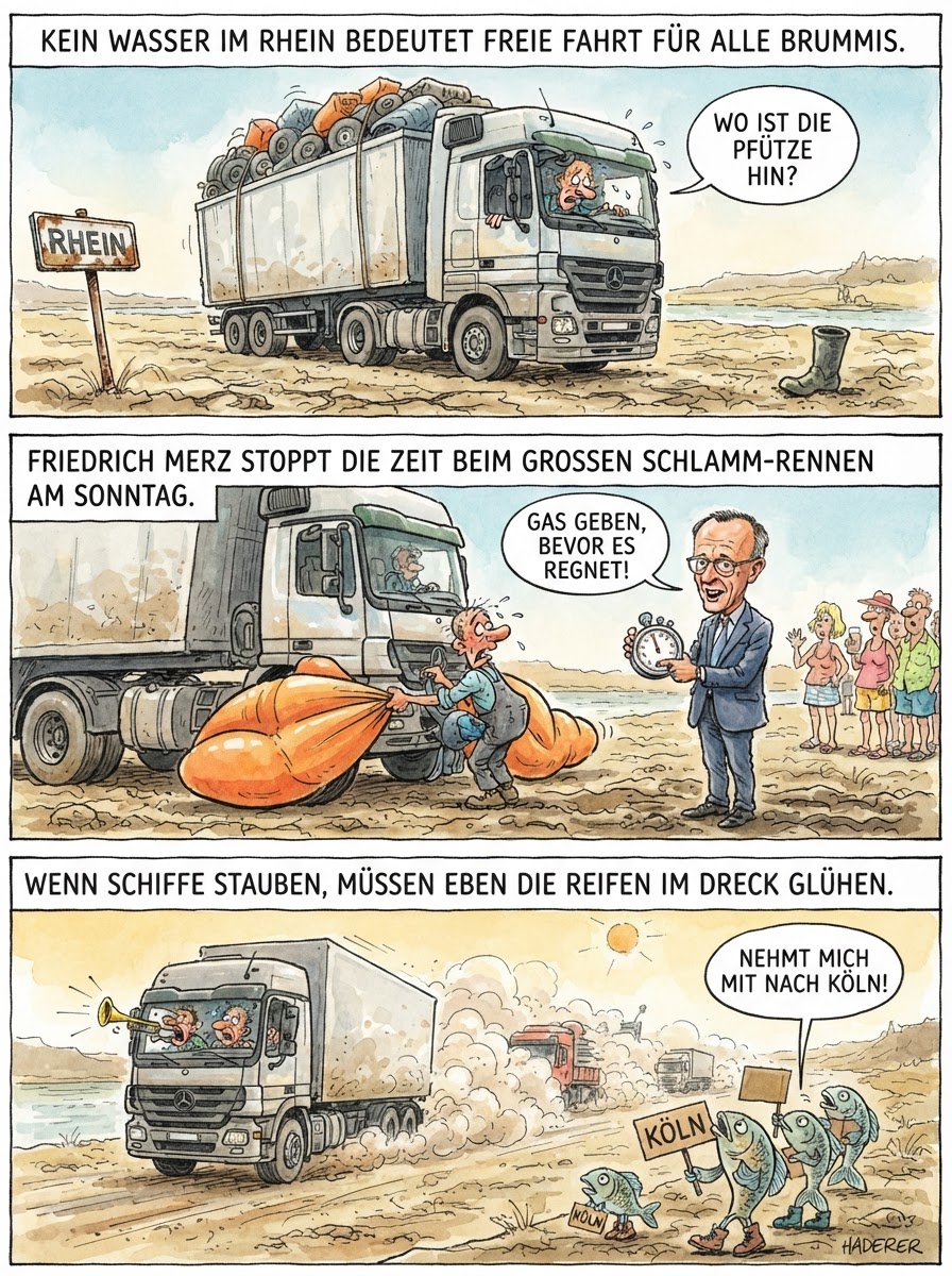 Wegen des Niedrigwassers im Rhein erlaubt die Regierung Merz nun Lkw-Fahrten am Sonntag, damit Brummifahrer ihre tonnenschweren Kisten direkt durch das trockene Flussbett schieben können.