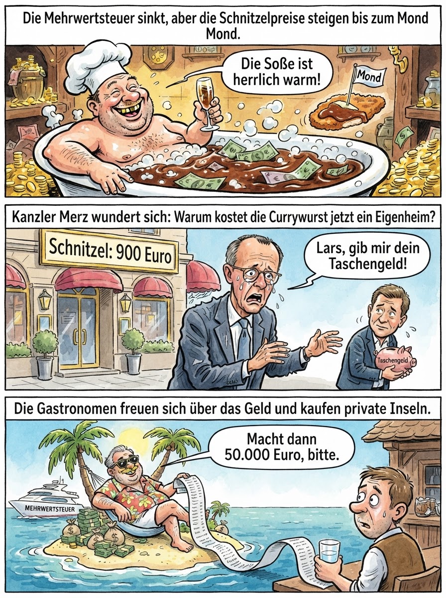 Trotz Steuersenkung bleiben die Preise in Restaurants so astronomisch hoch, dass Gäste für eine Portion Pommes inzwischen eine eigene Niere auf die Speisekarte setzen müssen.