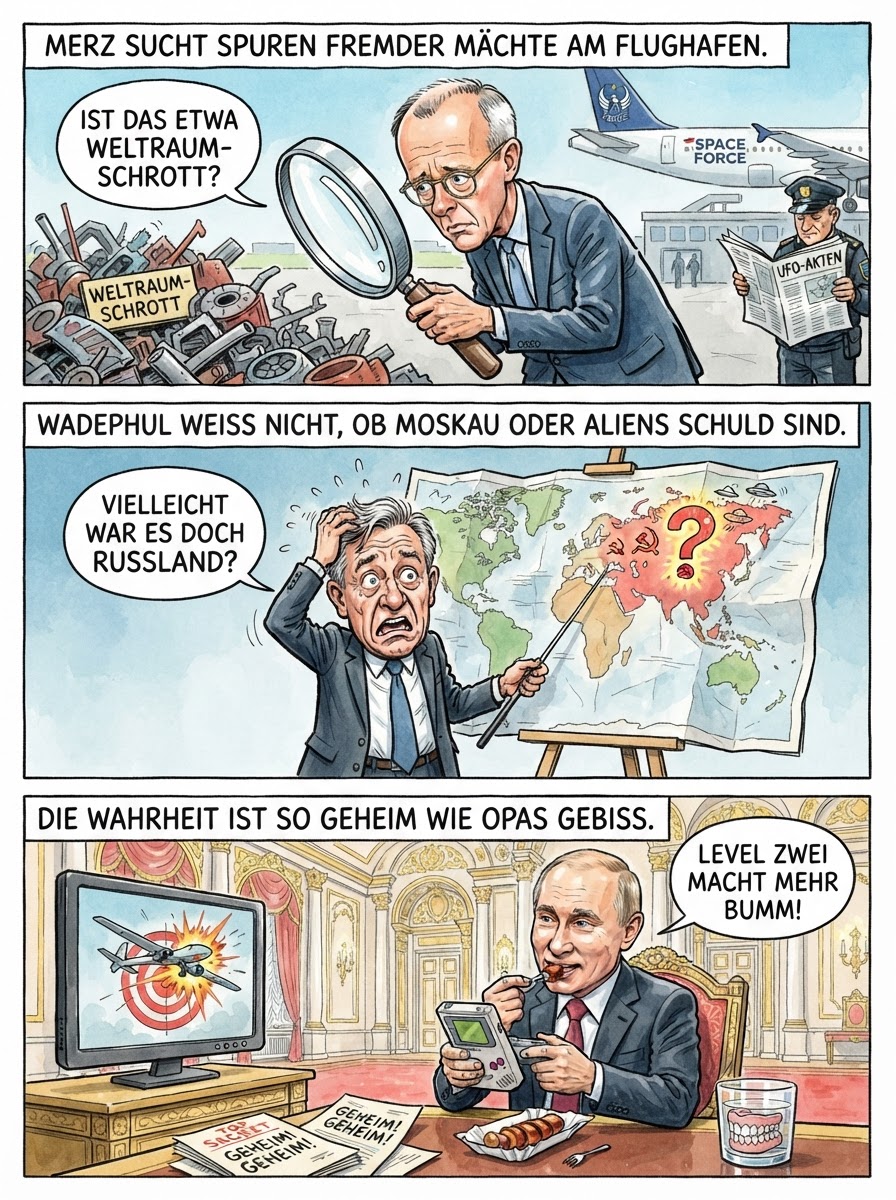 Während Friedrich Merz noch rätselt, ob Marsianer oder Moskau den Flughafen sprengen wollten, hat der Geheimdienst vorsorglich alle Päckchen mit kyrillischen Buchstaben unter Wasser gesetzt.