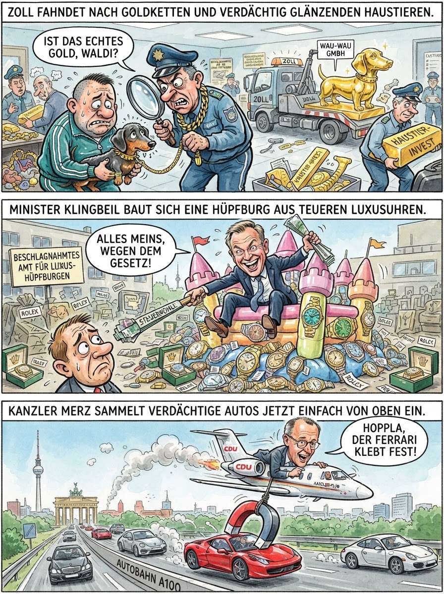 Finanzminister Lars Klingbeil lässt den Zoll nun jeden Porsche abschleppen, dessen Besitzer nicht innerhalb von drei Sekunden seine gesamte Steuererklärung auswendig vorsingen kann.