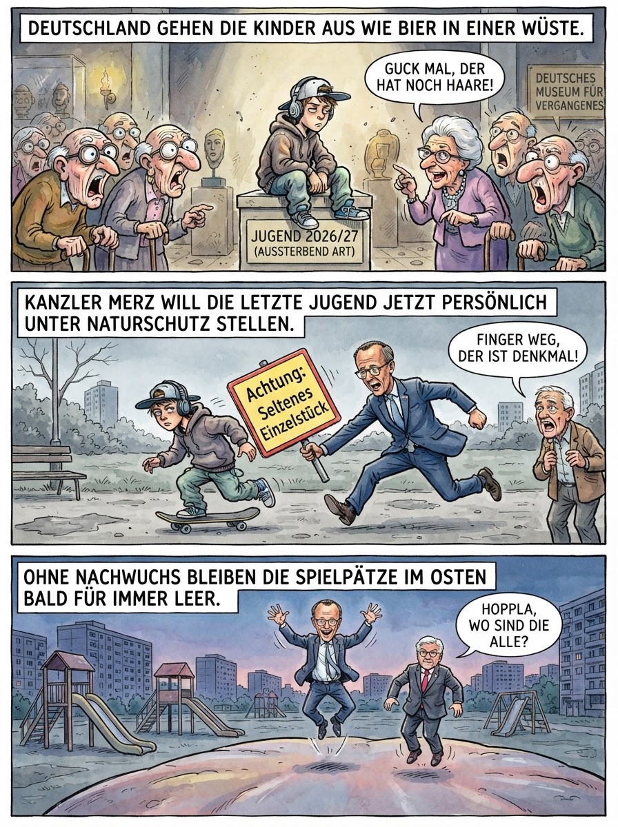 Weil es fast keine jungen Menschen mehr gibt, müssen die verbliebenen Teenager jetzt als lebende Ausstellungsstücke in ostdeutschen Museen zwischen alten Staubsaugern und Schreibmaschinen hocken.