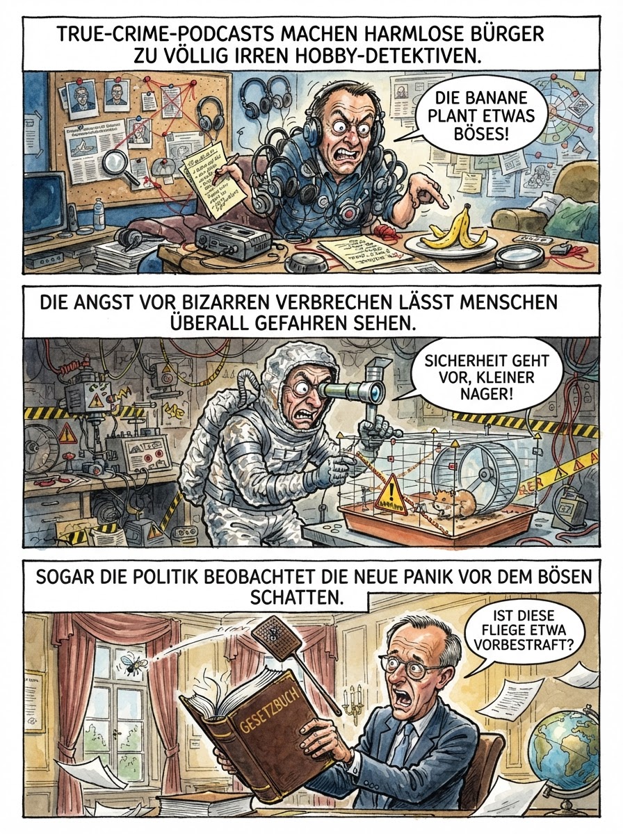 Weil Bürger zu viele Krimi-Podcasts hören, halten sie nun sogar ihren Toaster für einen getarnten Spion und bewaffnen sich beim Zähneputzen vorsorglich mit einer Bratpfanne.