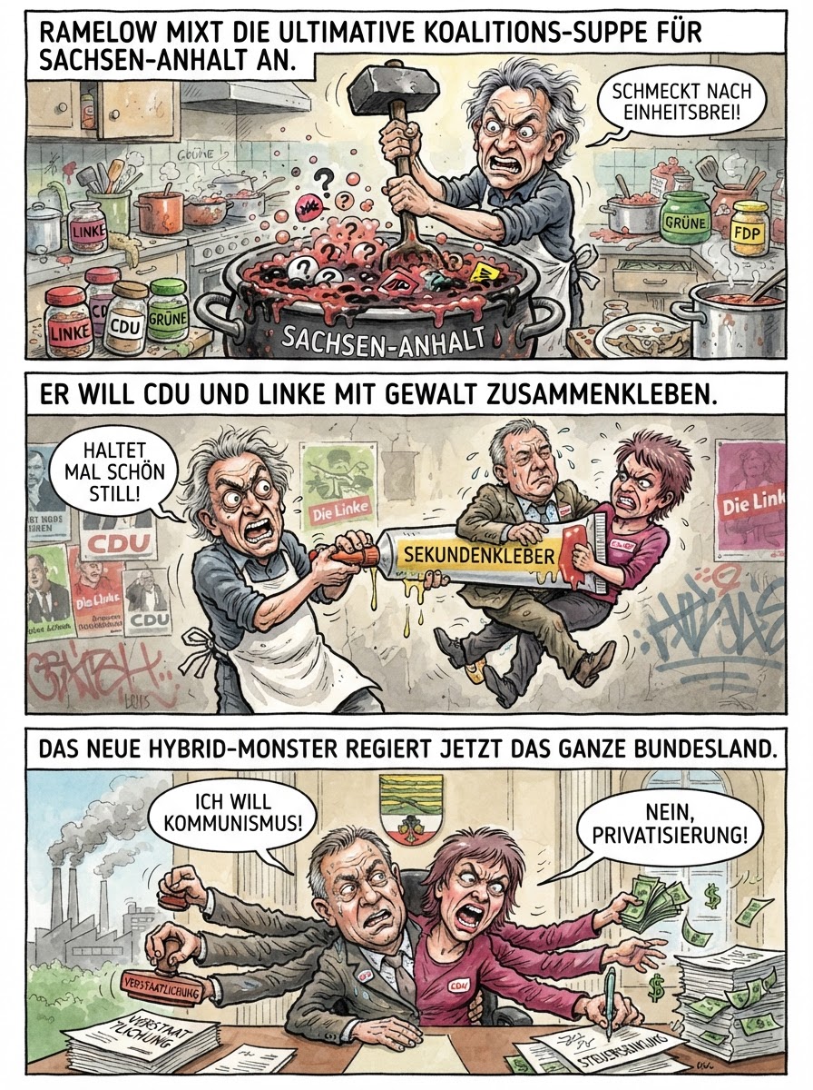 Bodo Ramelow fordert in Sachsen-Anhalt eine Polit-Liebelei zwischen Linken und CDU, die so harmonisch wirkt wie eine WG-Gründung von einer Katze und einem Staubsauger.