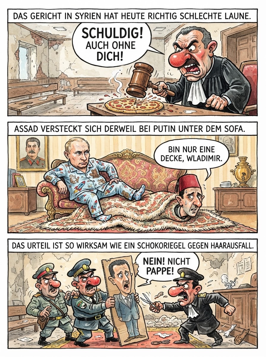 Weil Bashar al-Assad lieber in Russland Tee trinkt, hat ein syrisches Gericht nun einfach seinen Schatten und eine sehr alte Socke in Abwesenheit zum Tode verurteilt.