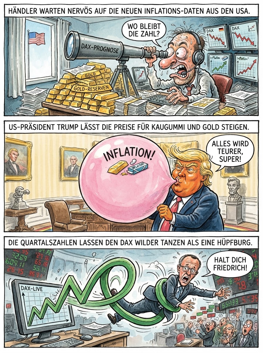 Weil in den USA die Inflation atmet, stehen deutsche Aktienhändler mit Angstschweiß an der Börse und beobachten Quartalszahlen so gespannt wie eine explodierende Kaffeemaschine.