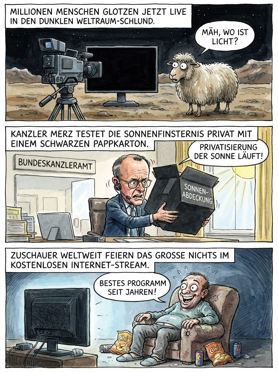 Während der Mond die Sonne für kurze Zeit komplett ausknipst, streamen Millionen Menschen das dunkle Nichts live im Internet wie eine kaputte Lavalampe ohne Strom.