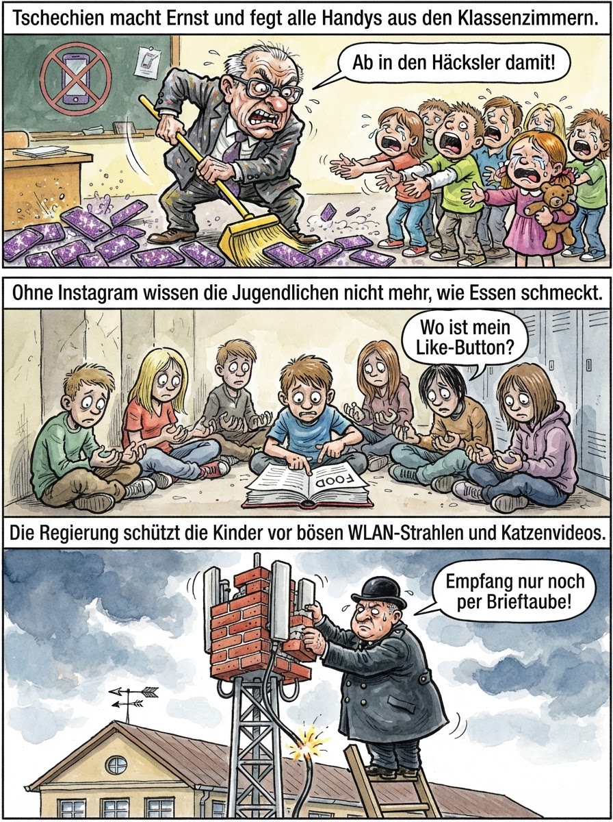 Um die Jugend vor dem Internet-Hirntod zu retten, verbietet Tschechien alle Handys an Schulen und zwingt Kinder nun zu gefährlichen Freizeitaktivitäten wie echtem Blickkontakt und echter Sprache.