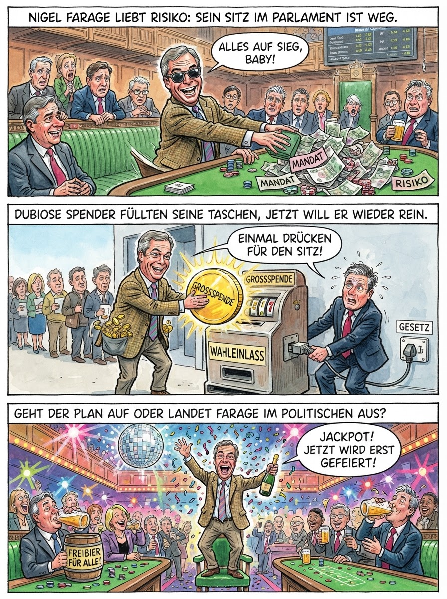 Nachdem er sein Mandat für einen Haufen dubioser Millionen verscherbelt hat, will Polit-Zocker Nigel Farage heute mit einer Nachwahl das Parlament wie einen kaputten Kaugummiautomaten knacken.