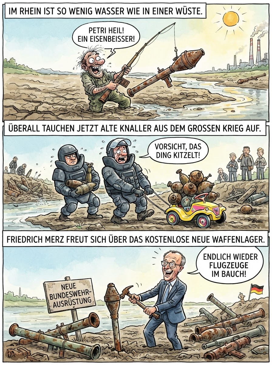 Weil der Rhein jetzt flacher ist als eine Pfütze, sammeln Kinder statt Muscheln einfach scharfe Weltkrieks-Raketen und bauen daraus die gefährlichsten Sandburgen der Weltgeschichte.