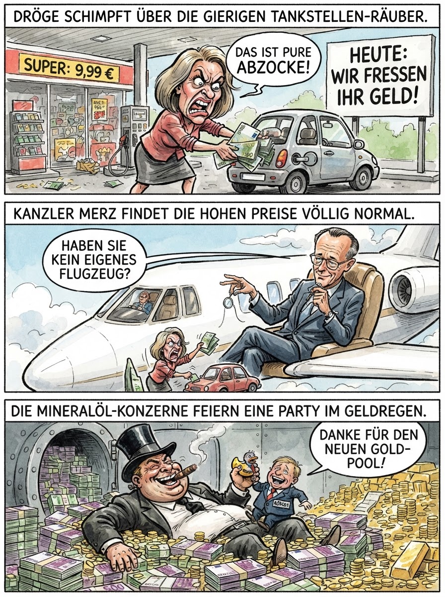 Weil Benzin nun teurer als flüssiges Gold ist, fordert Katharina Dröge eine Strafsteuer für Öl-Bosse, damit Bürger ihre Brötchen nicht mehr mit Diesel bezahlen müssen.