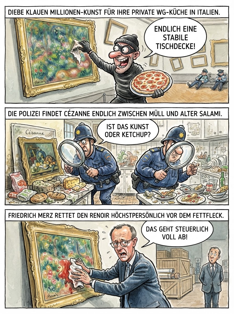 Italienische Polizisten finden die gestohlenen Meisterwerke von Renoir, Cézanne und Matisse endlich wieder, nachdem Diebe die wertvollen Leinwände nur als besonders reißfeste Servietten für ihre fettigen Salami-Pizzen missbrauchten.