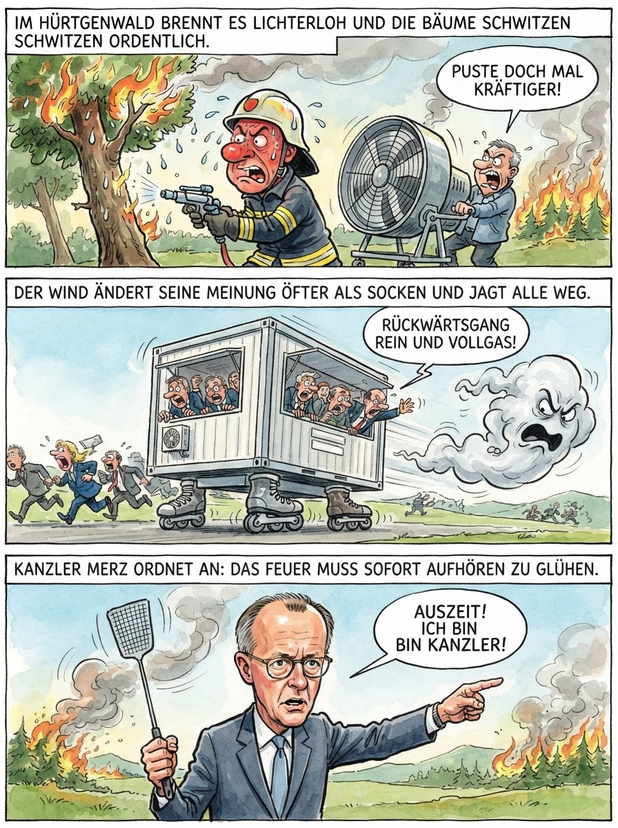 Weil der Wind sich ständig dreht, jagt das Feuer die Feuerwehrleute im Hürtgenwald so schnell im Kreis, dass die Einsatzzentrale jetzt auf einem ferngesteuerten Skateboard flüchten muss.
