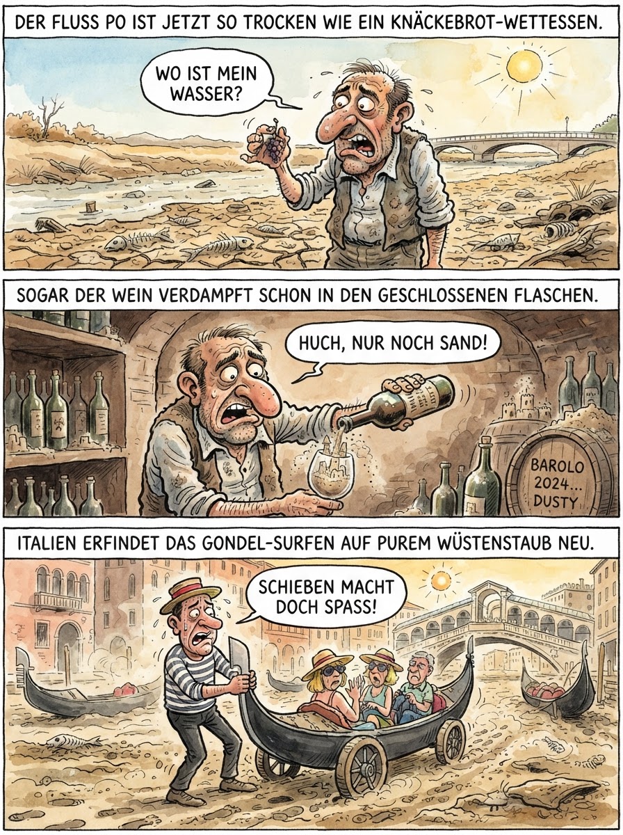 Weil der Fluss Po nur noch aus Staubflocken besteht, ernten verzweifelte Winzer jetzt bereits fertig geröstete Weintrauben direkt als knusprige Rosinen vom glühenden Weinstock.
