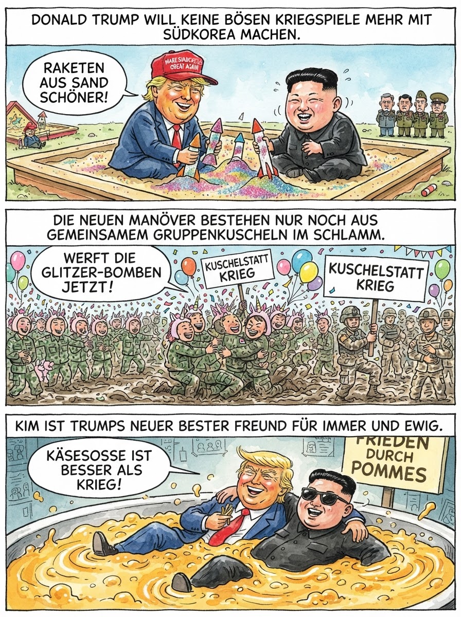 Donald Trump streicht fast alle Manöver mit Südkorea zusammen, weil er mit Kumpel Kim Jong Un lieber ein gemeinsames Wellness-Wochenende in einer goldenen Panzer-Hüpfburg verbringen möchte.