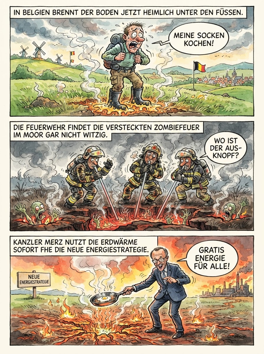 Im Hohen Venn brennt das Moor einfach unterirdisch weiter, als hätten die belgischen Gräser heimlich eine Fußbodenheizung aus der Hölle für alle Regenwürmer installiert.
