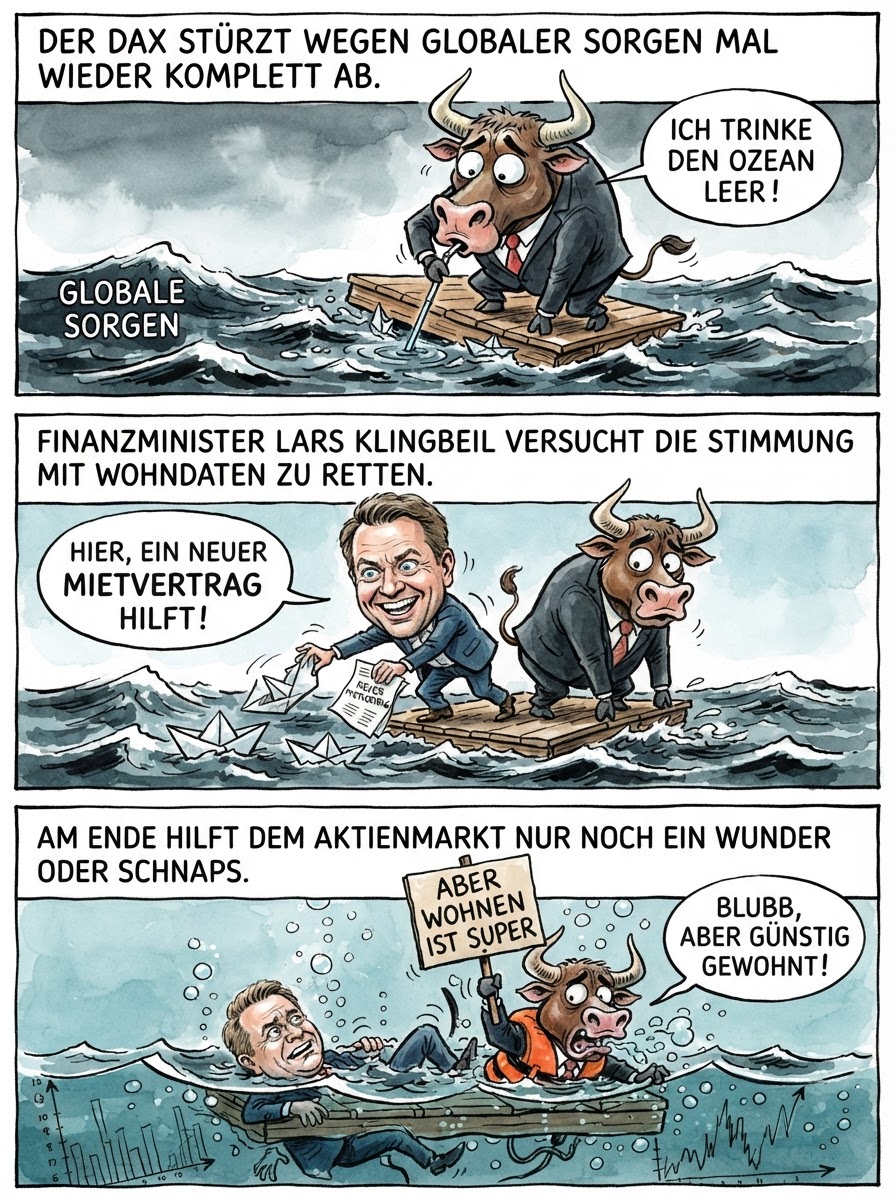 Weil Weltkrisen die Börse schütteln, stürzt der DAX tiefer als ein besoffenes Eichhörnchen, während die guten Wohnungsdaten so nützlich sind wie eine Gabel beim Suppeessen.