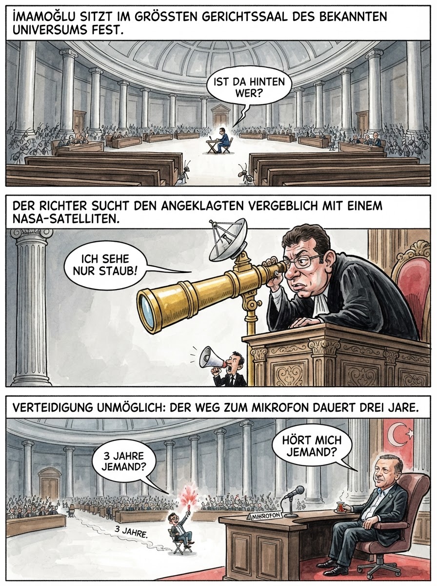 Präsident Erdoğan lässt den Bürgermeister-Prozess in einem Saal feiern, der so riesig ist, dass İmamoğlu zur Verteidigung ein Megafon und ein Hubble-Teleskop benötigt.