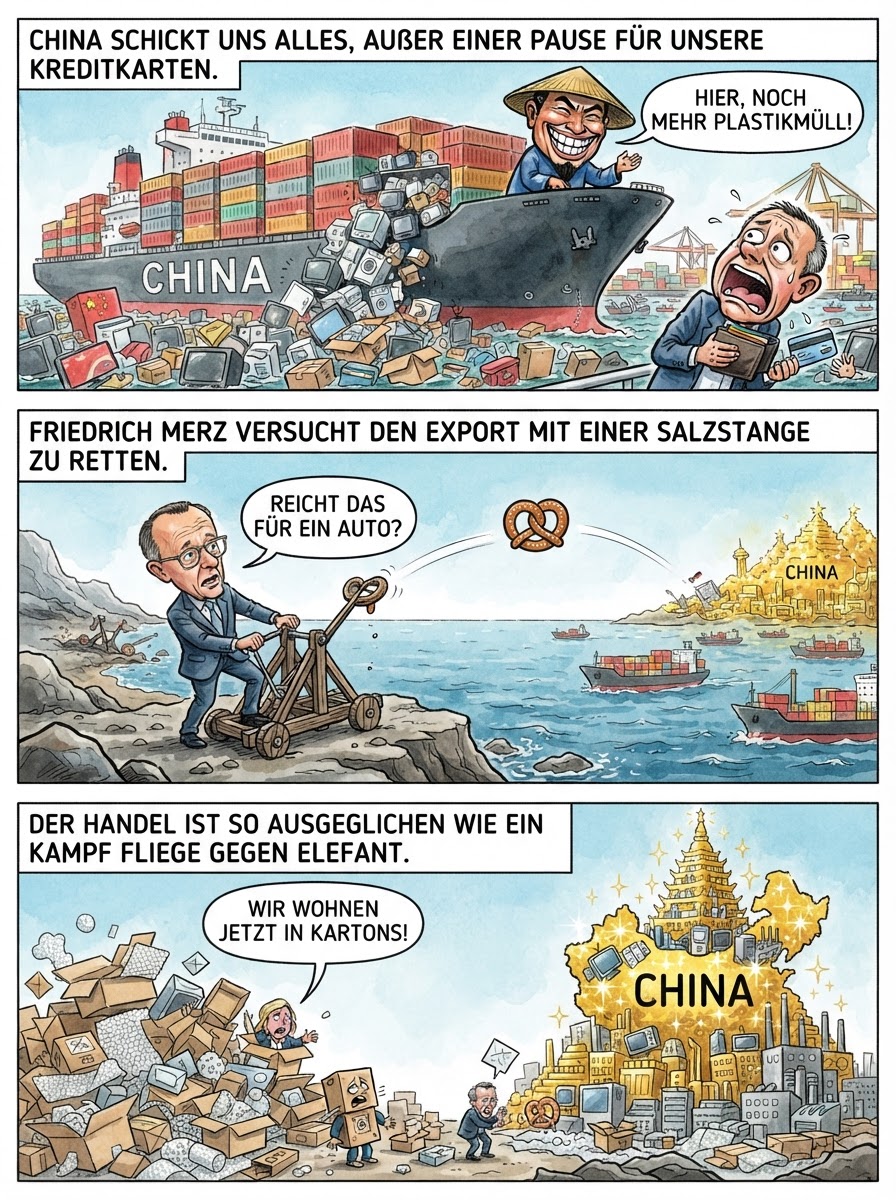 Deutschland kauft China komplett leer, während Kanzler Merz als Gegenleistung nur ein einzelnes gebrauchtes Taschentuch und drei alte Murmeln nach Peking schickt.