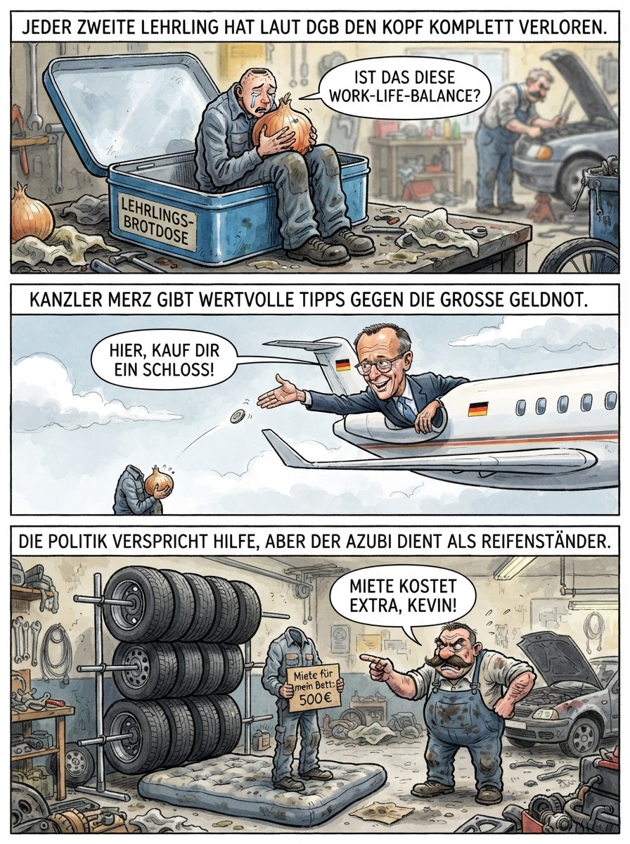 Weil das Geld nicht mal für Pappe reicht, sind Deutschlands Lehrlinge laut DGB psychisch so am Ende wie ein Keks in der Waschmaschine.