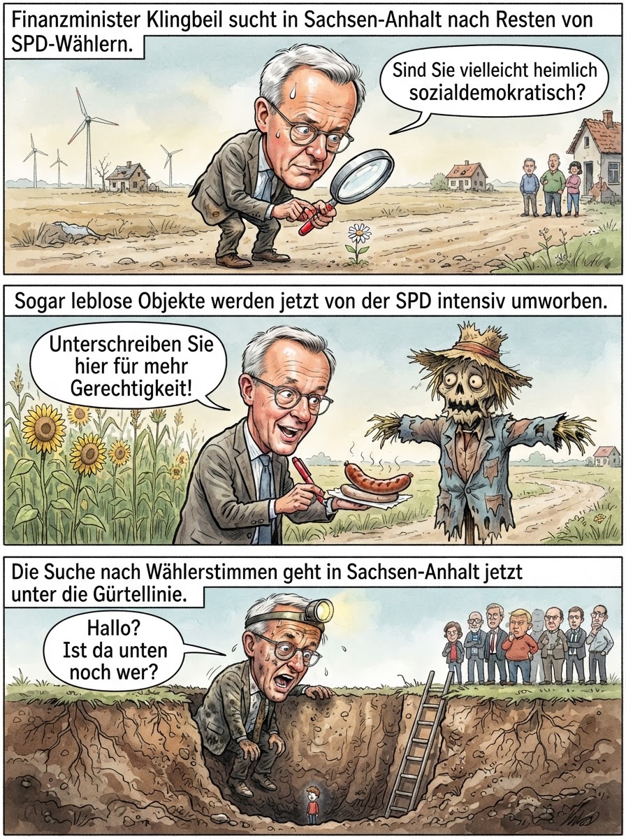 Finanzminister Lars Klingbeil jagt in Sachsen-Anhalt so verzweifelt nach Wählern, dass er mittlerweile sogar Steine freundlich grüßt und leere Gullys nach verlorenen Parteibüchern abtaucht.