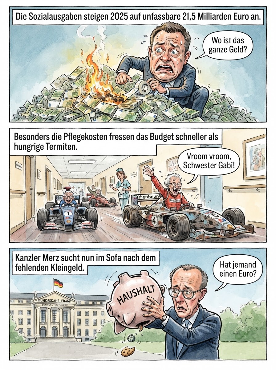 Weil die Kosten für Sozialhilfe und Pflege auf 21,5 Milliarden Euro explodieren, müssen Rentner ihre Goldzähne nun direkt an Finanzminister Lars Klingbeil abgeben.