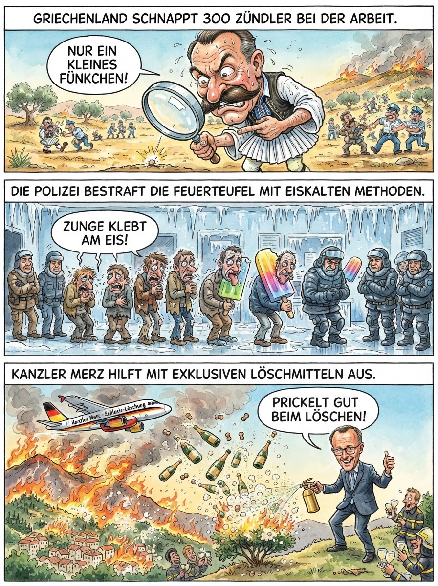 Weil in Griechenland gerade jeder Grashalm vor Wut brennt, haben Polizisten 300 Brandstifter gefangen, die versuchten, den Wald mit gigantischen Brenngläsern und heißem Chili-Atem anzuzünden.