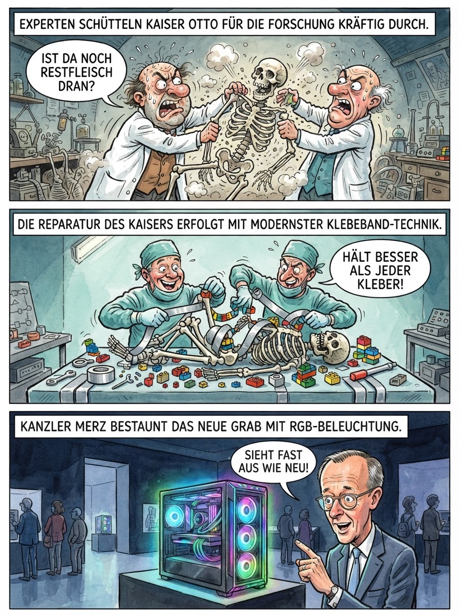 Wissenschaftler haben das Grab von Otto dem Großen komplett zerlegt und planen nun eine neue Luxus-Gruft mit eingebauter Sitzheizung und Gold-Felgen für den alten Kaiser.