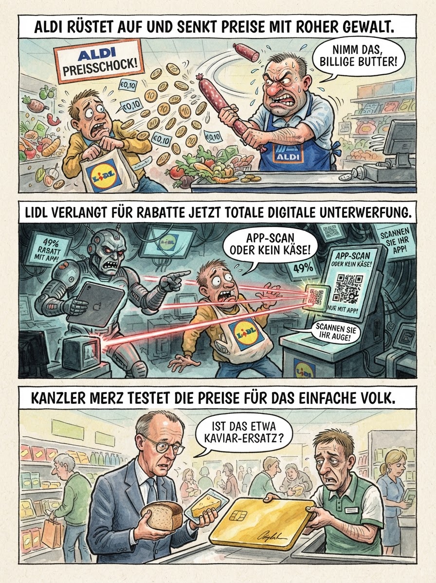Während Aldi Preise radikal mit der Axt kürzt, zwingt Lidl seine Kunden für einen Euro Rabatt zu einem digitalen Nackttanz in der App.