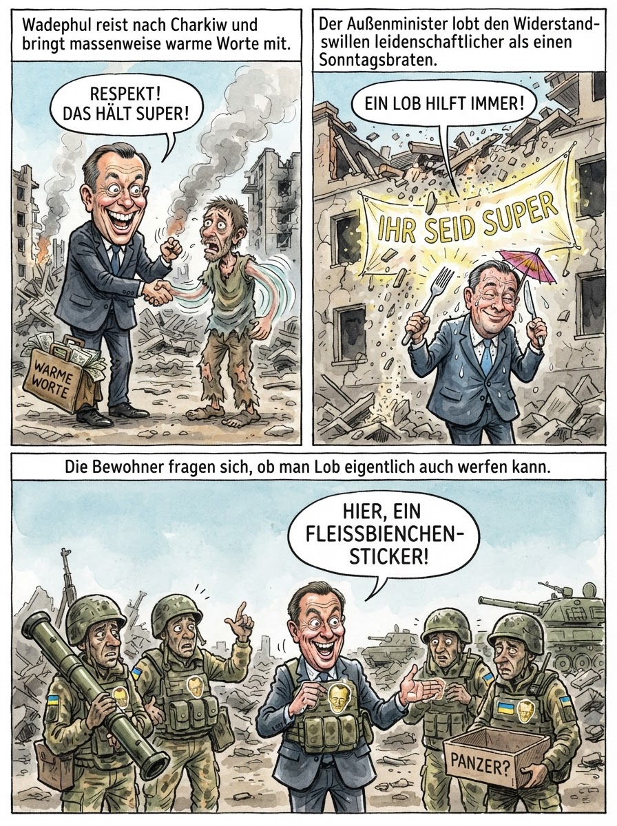 Außenminister Johann Wadephul besucht das beschossene Charkiw und verteilt so viel Lob für den Widerstand, dass die Bewohner vor lauter Schulterklopfen fast aus ihren Socken fallen.