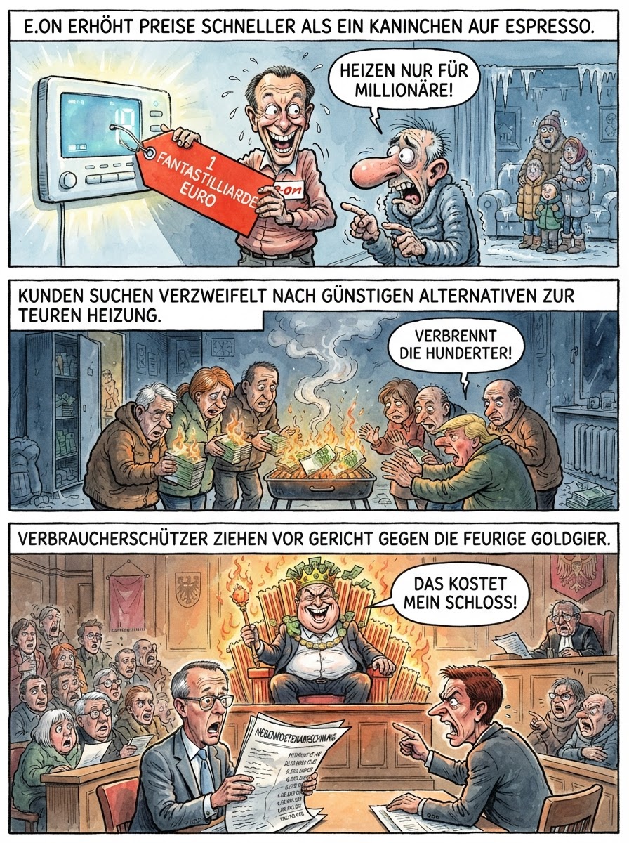 Weil E.ON die Heizpreise stärker erhöht hat als die Schwerkraft auf Jupiter, verklagen Verbraucherschützer den Konzern heute wegen akuter Plünderung von Omas Sparstrumpf.
