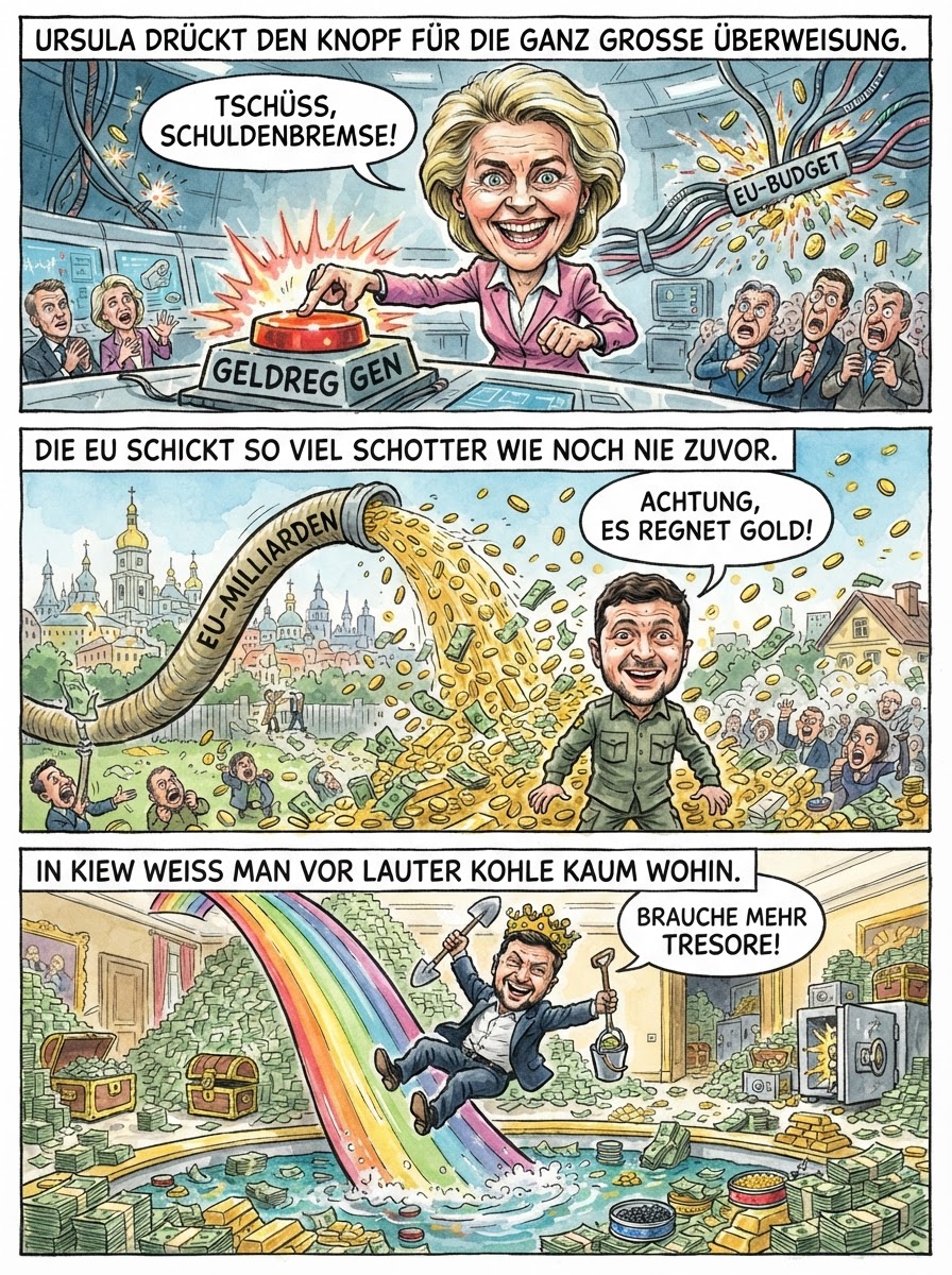 Zum Unabhängigkeitstag pumpt die EU so viel Geld in die Ukraine, dass Wolodymyr Selenskyj seine gesamte Armee nun mit vergoldeten Panzern und Diamant-Patronen ausrüsten kann.