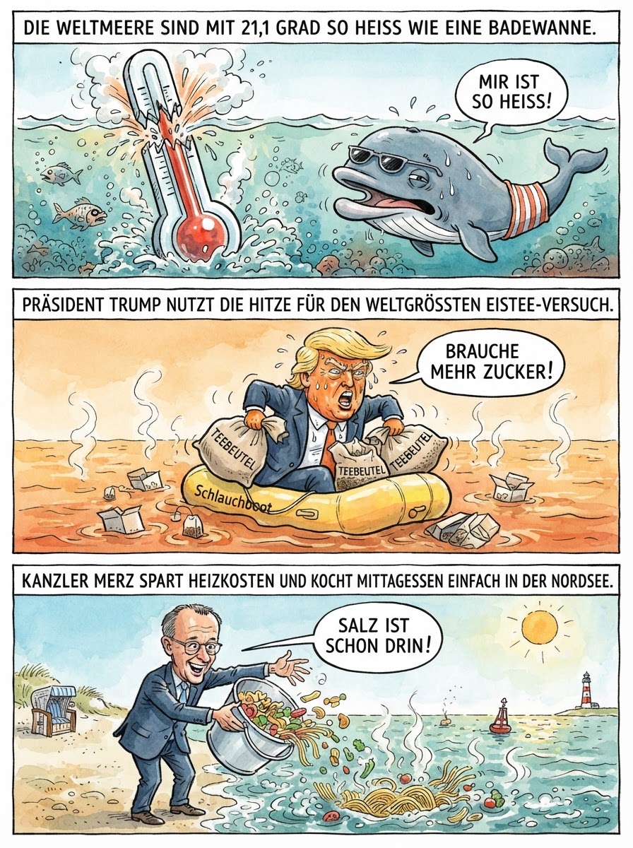 Weil die Ozeane laut Copernicus-Daten auf 21,1 Grad glühen, serviert Bundeskanzler Merz ab morgen allen Bürgern kostenlose Fischsuppe direkt vom Strand mit dem Schöpflöffel.