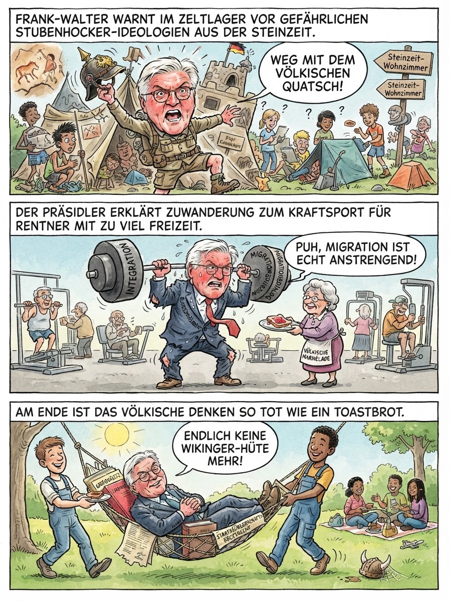 Im neuen Übergangsquartier warnt Frank-Walter Steinmeier vor alten Ideologien und jammert, dass Zuwanderung so viel Kraft kostet wie ein Marathonlauf mit einem Kühlschrank auf dem Rücken.