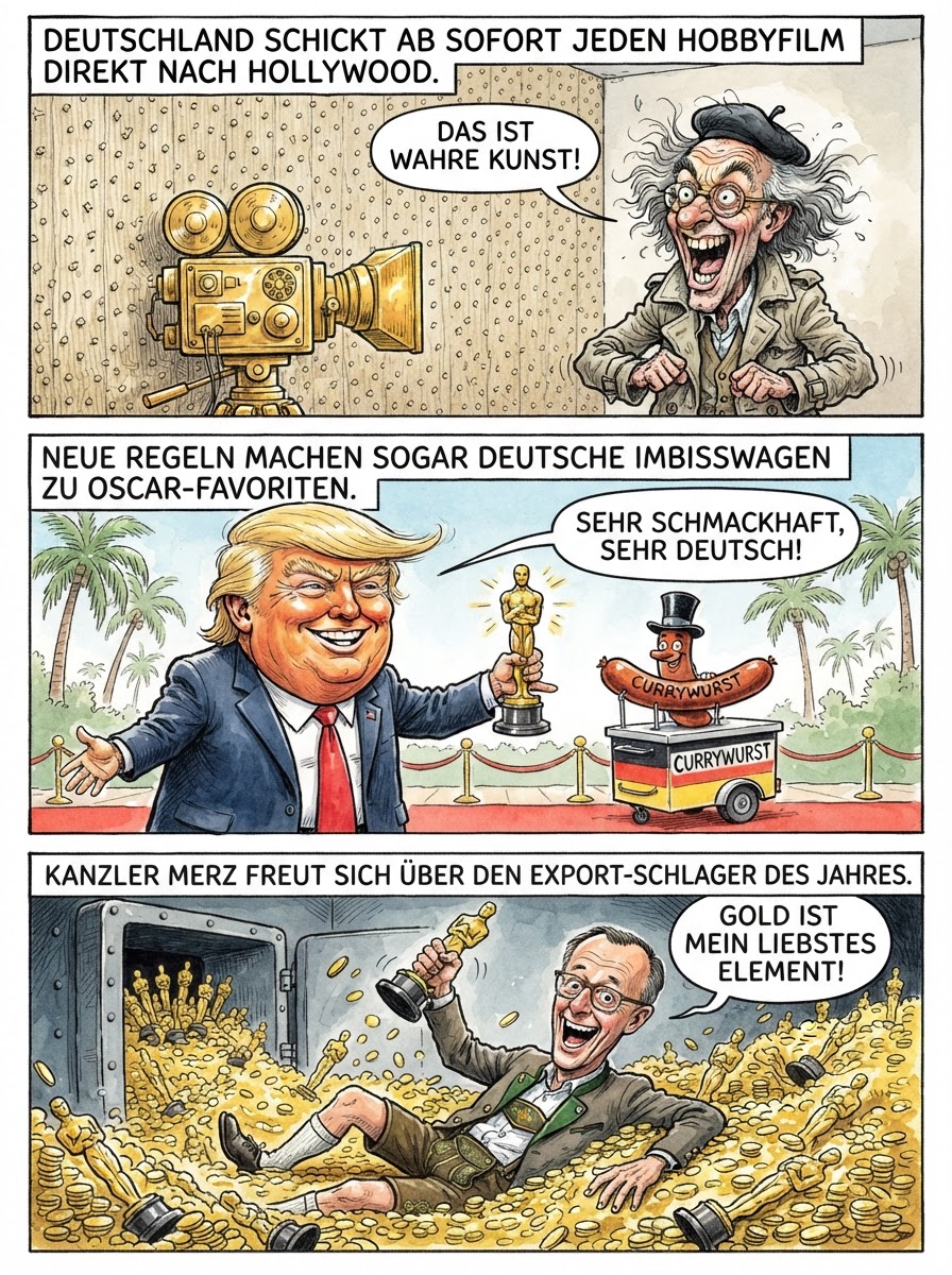 Dank neuer Oscar-Regeln regnet es Goldstatuen für Deutschland, da Filme jetzt auch dann gewinnen können, wenn sie nur aus drei Stunden Raufasertapete und einem weinenden Dackel bestehen.